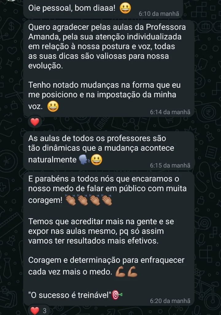 Mensagem de aluna sobre a mudança na postura e na voz