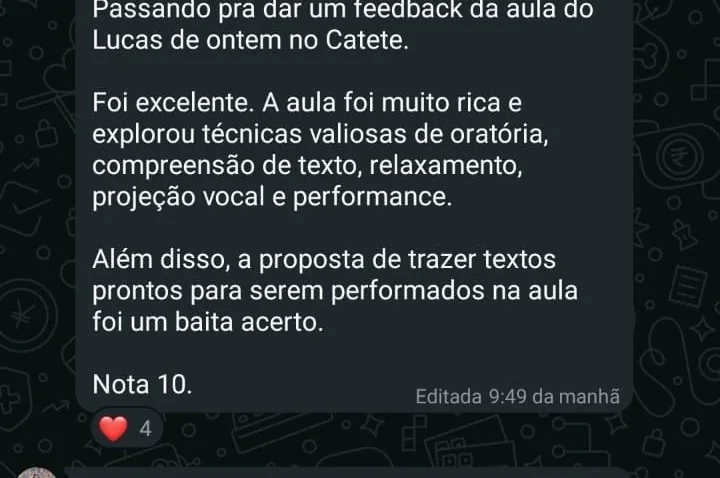 Mensagem de aluno com feedback da aula no Catete