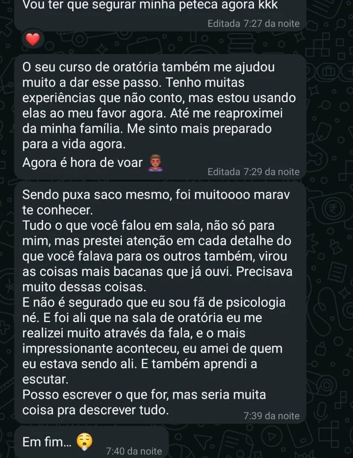 Mensagem de aluno contando a virada depois do curso