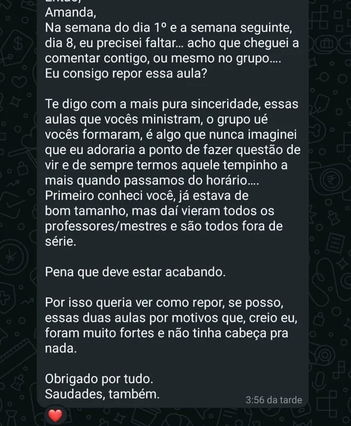 Mensagem de aluno agradecendo as aulas