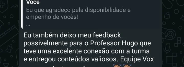 Mensagem de aluno elogiando os professores